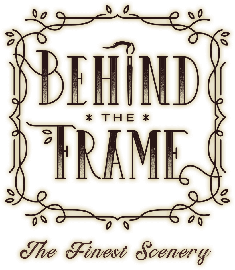 A logo in vertical rectangle shape of Behind the Frame by Silver Lining Studio. All the lines dark brown. Sub-title, The Finest Scenery is written at the buttom of the logo. The main-title Behind the Frame is surrounded by a frame in style of ivy.